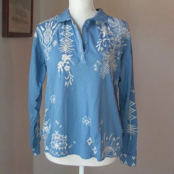 Johnny Was Dylan Long Sleeve Polo Tee XS